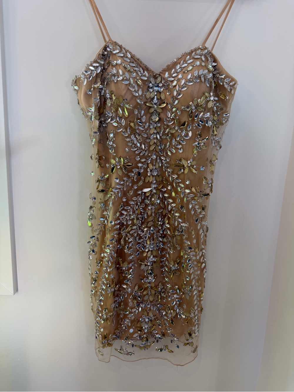 Embellished Nude Slip Dress with Crystal Appliqué hand beaded made in USA